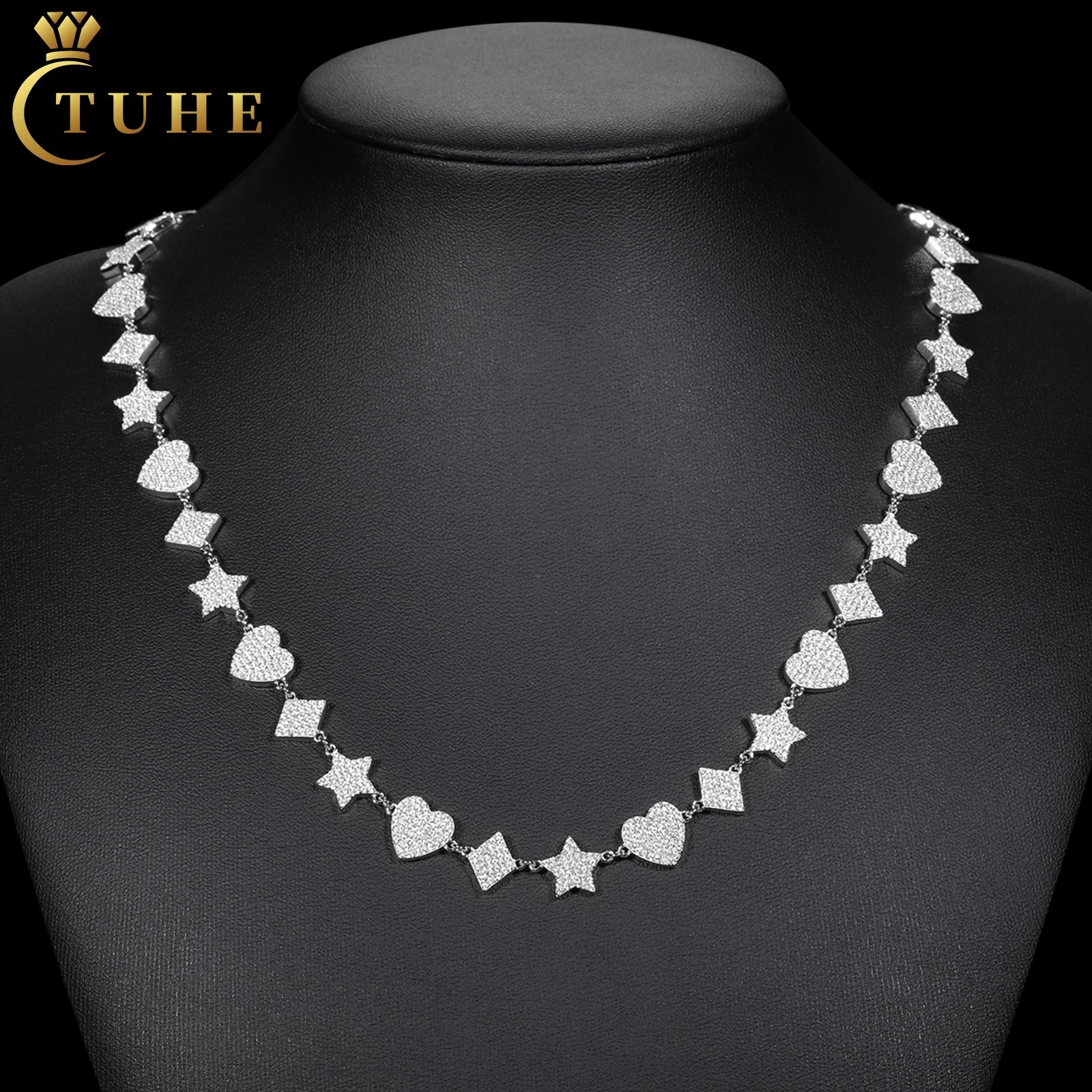 Unique Design 10mm 925 Sterling Silver VVS Moissanite Diamond Iced Out Star Heart Rhombus Motif Link Chain Tennis Necklace