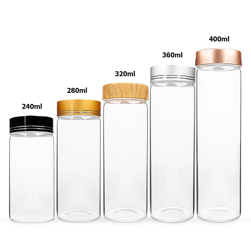 Cylindrical High Borosilicate Glass Food Storage Bottles 240ml-400ml for Coffee Beans Snacks Tea With Airtight Screw Cap