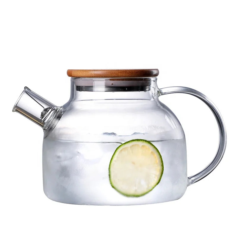 High Borosilicate Glass Tea Kettle and Water Pitcher Fruit Teapot with Bamboo Lid Elegant Kitchenware