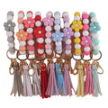 Colorful Tassel Car Keyring Decoration Daisy Wristlet Keychain with Flower Silicone Bead for Purse Backpack Bag Ornament Gift