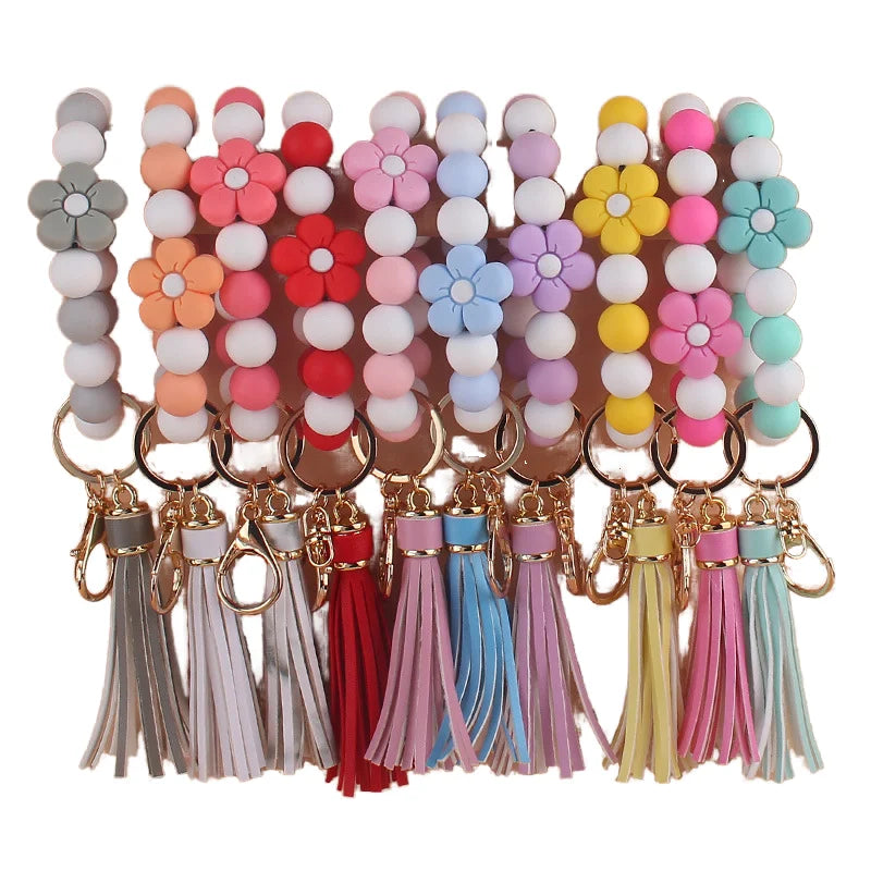 Colorful Tassel Car Keyring Decoration Daisy Wristlet Keychain with Flower Silicone Bead for Purse Backpack Bag Ornament Gift