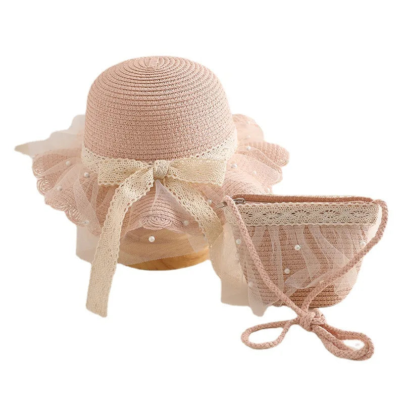 Children's Floppy Straw Hat Spring/Summer Princess Style Sun Proof Bucket Hat Set for Fishing Travel Casual-for Beach