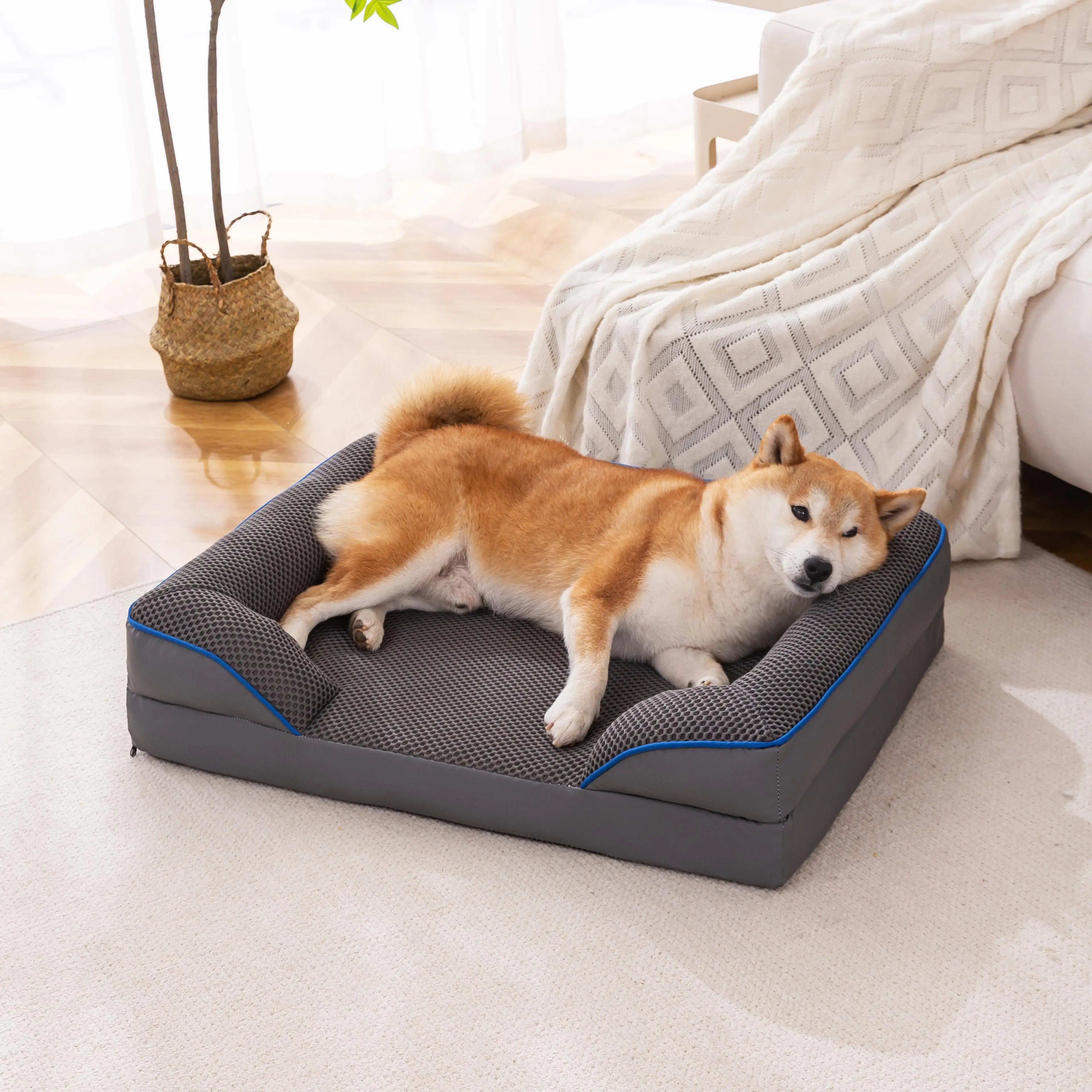 Luxury Orthopedic Dog Bed Warm Square Design with Solid Pattern Washable Removable Memory Foam Sofa Print for Outdoor Pet Space