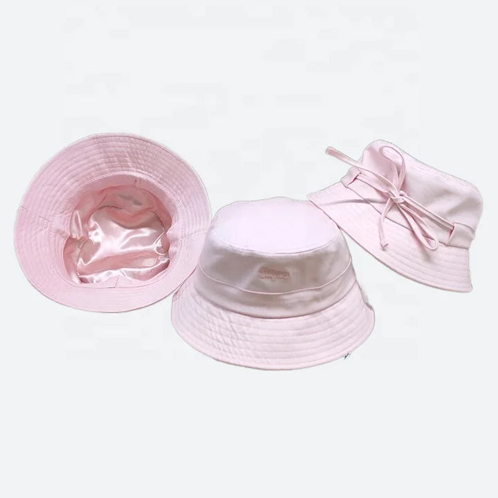 Custom Oversize Bucket Hat With Silk Lining Embroidery Wide Brim Sun Hat Satin Lined Bucket Hat With String