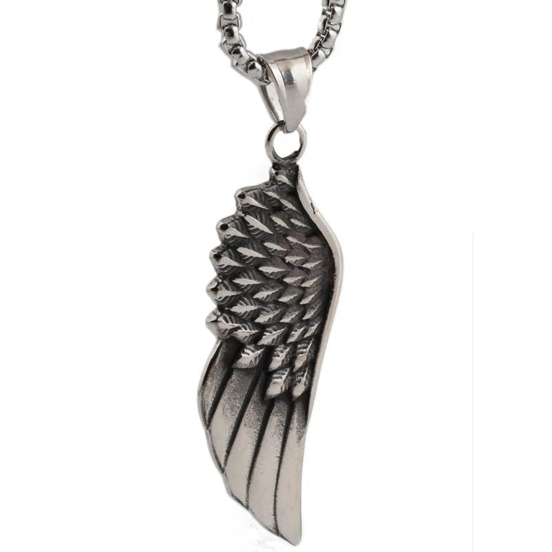 Vintage Handmade Trendy 100% Stainless Steel Angel Wing Feather Pendant Link Chain Necklace for Men-Wedding Gift