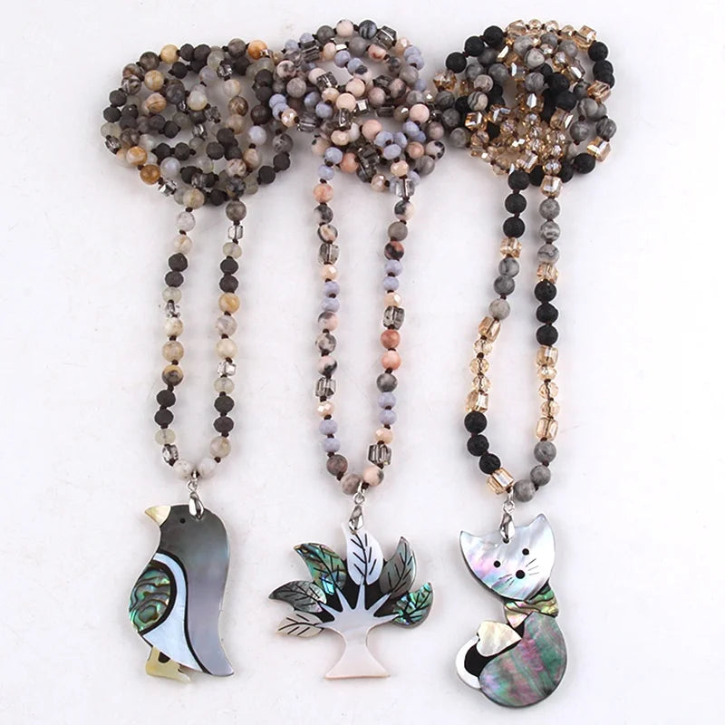 JH Shell Spliced Animal Jewelry 6mm Natural Stone Crystal Glass Necklace Abalone Shell Bird Cat Cross Tree Pendant Necklace
