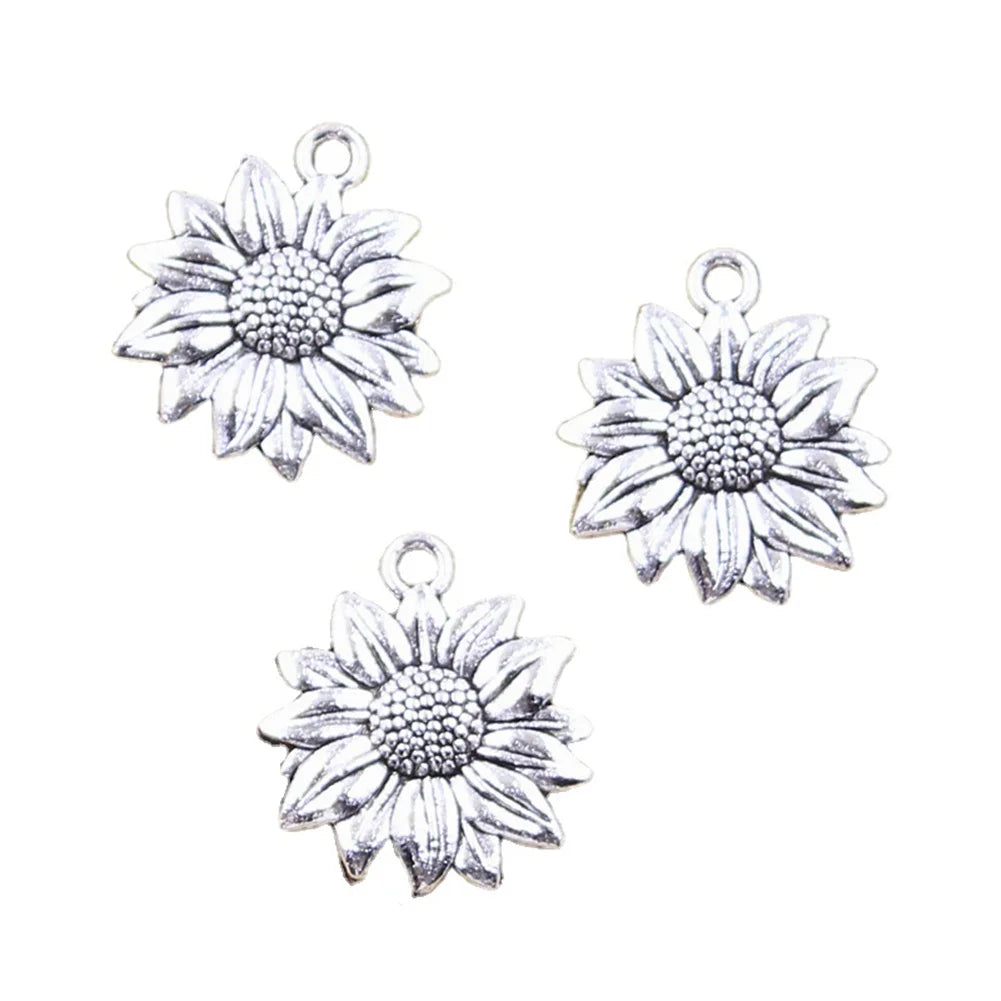 Antique Silver 21x19mm Vintage Style Sunflower Flower Charm Pendants for Jewelry Making with Metal Material