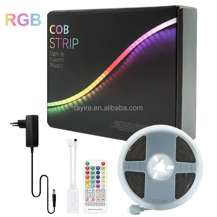 CRI90 RGB COB LED Strip Light 5m Remote Controller 24V High Density 840 Per Meter 10MM Smart LED Strip Set With EU Power Supply