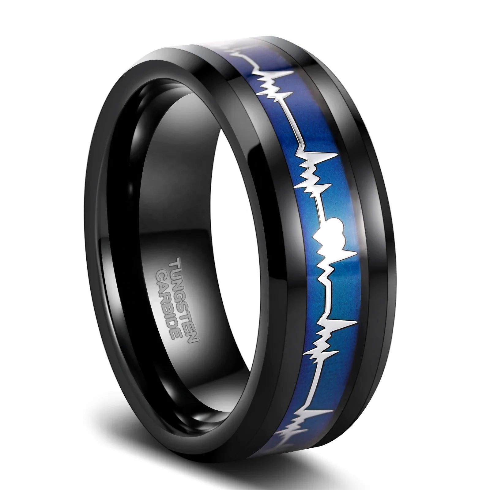 OAHLAN 6mm 8mm EKG Heartbeat Wedding Band Silver Black Tungsten Carbide Ring for Men Women Color Changing Couple Rings