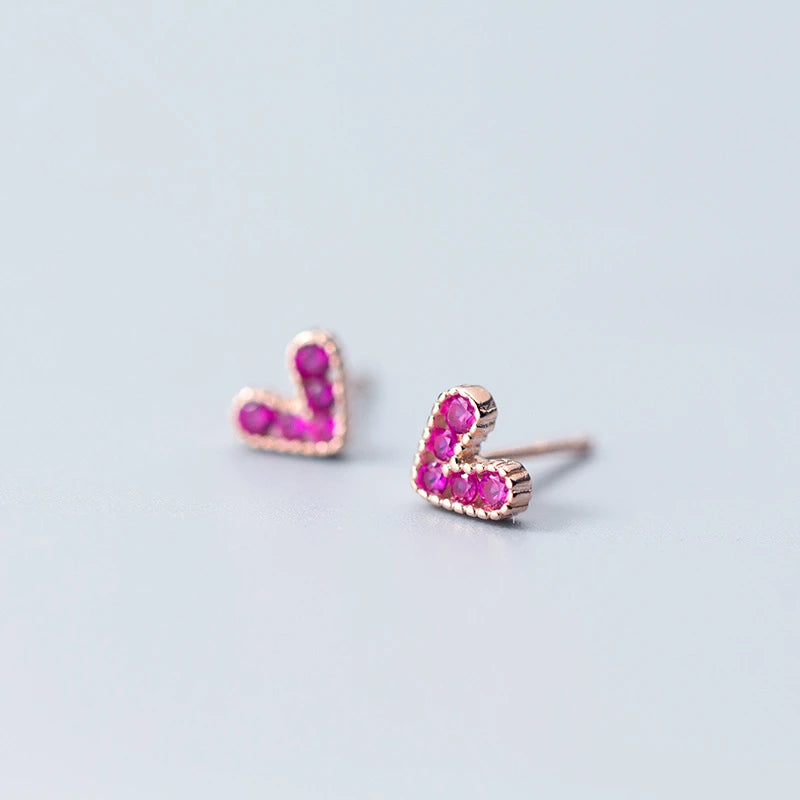 925 Sterling Silver Ruby Color Cubic Zirconia Heart Shape Rose Gold Plated Stud Earrings Small Earings Fashion Jewelry for Women