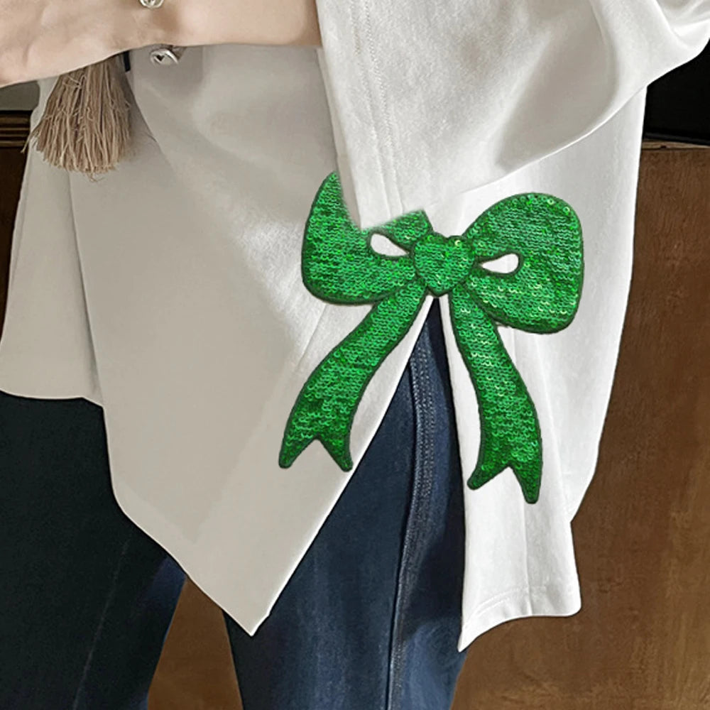 Design Custom Wholesale Sequin Embroidered Heat Press Patch Large Glitter Bow Embroidery Iron on Patches for Clothes