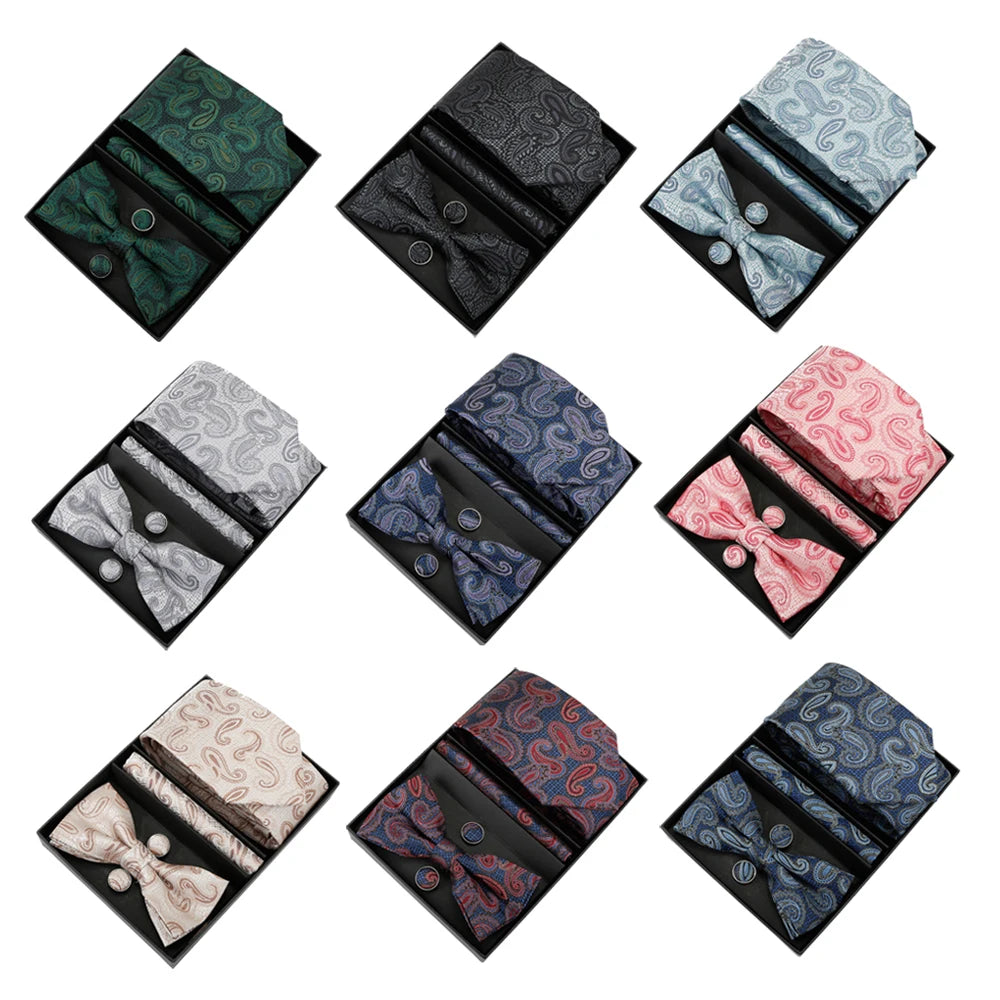 Men's Business Polyester Tie Set Includes Bow Tie Pocket Square Cufflinks Gift Box for Party Wedding Man's Bow Ties Cufflink