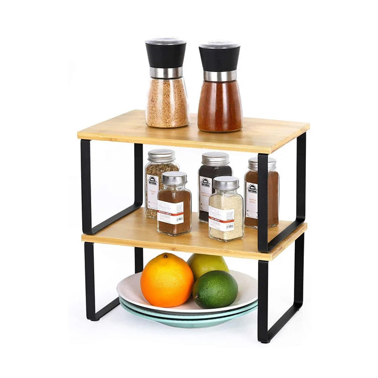 Metal Wooden Four-Tier Standing Type Kitchen Spice Clear Seasoning Bottle Storage Holder Rack for Restaurants
