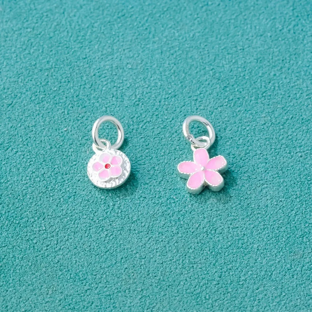 S999 Solid Sterling Silver Enamel Pink Flower Pendants Charms for DIY Jewelry Making