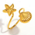 Fashionable 18K Gold Plated Stainless Steel Summer Style Trendy Open Adjustable Starfish Ring