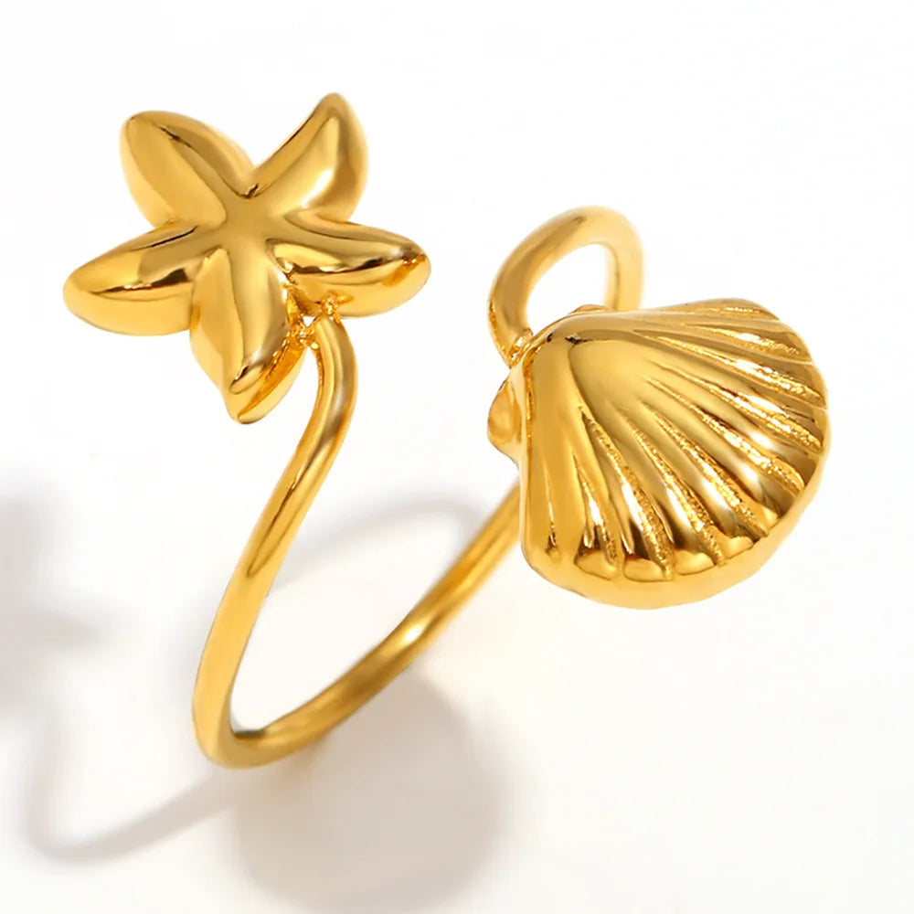 Fashionable 18K Gold Plated Stainless Steel Summer Style Trendy Open Adjustable Starfish Ring