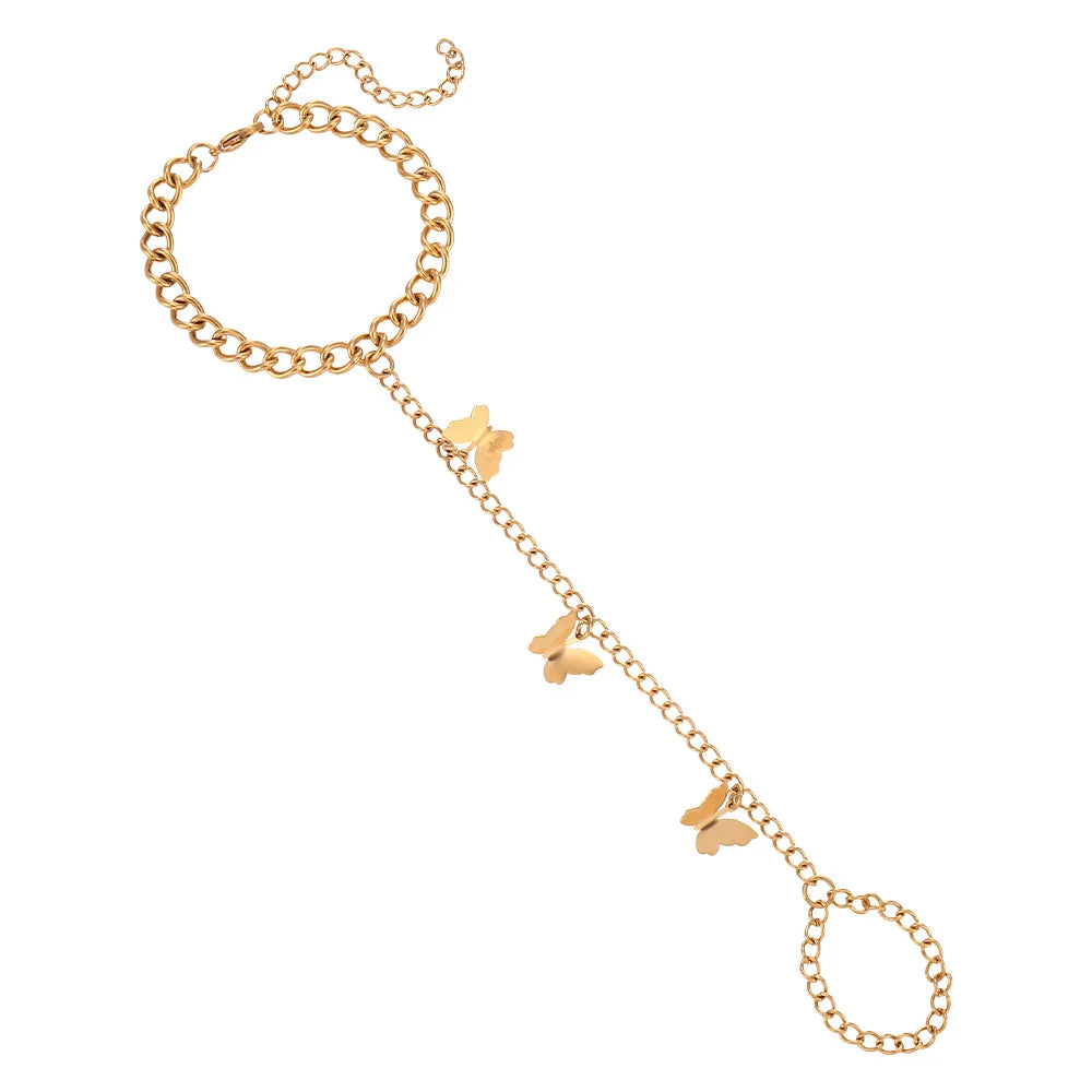 Fashion Stainless Steel Jewelry Creative Ring Conjoined Chain Bracelet Beautiful Butterfly Charm Bracelet for Women Girls
