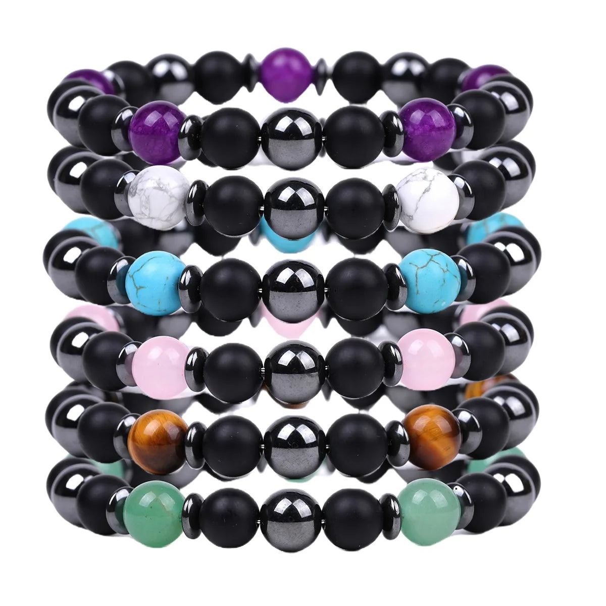 Black Gallstone and White Pine Stone Paired with 8mm Natural Gemstone Three Color Couple Cross Elastic Bracelet