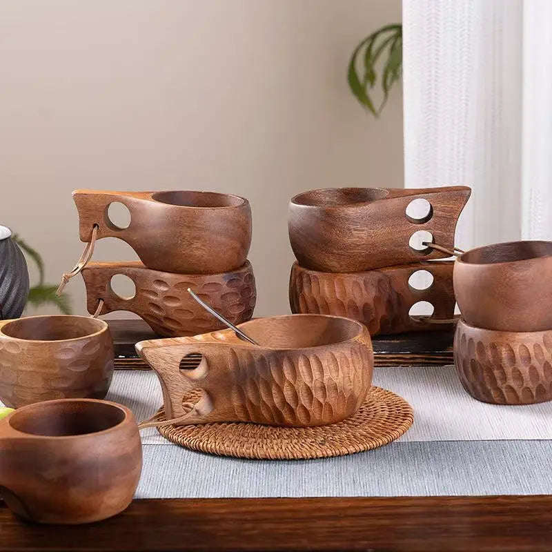 Tailai Acacia Wood Customized Logo Milk Cup Wooden Water Cup Japanese Acacia Wood Coffee Mug with Handle& Miso Soup Bowl