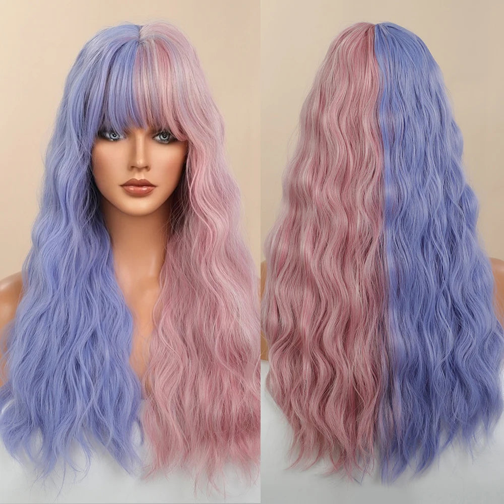 Wigs Wholesale Long Wavy Synthetic Hair Wigs Mix Pink and Blue with Bangs For Black White Women Heat Resistant Fiber Cosplay Wig