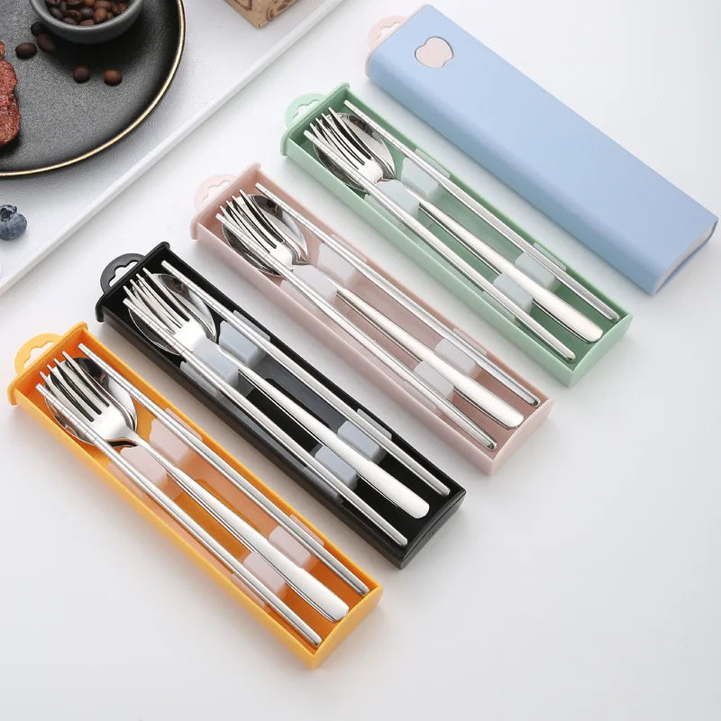 Stainless Steel 304 Portable Travel Camping Tableware Set Children Travel Utensils Chopsticks Fork Spoon Cutlery Set With Case