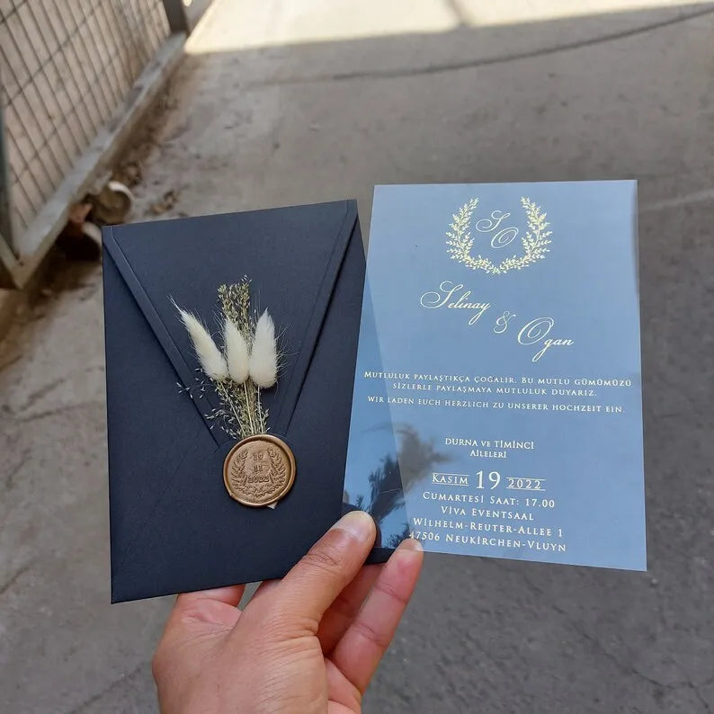 Black Luxury Elegant Acrylic Wedding Invitations Cards Envelopes With Wax Seal and Dried Flower for Quinceanera Bridal Shower