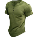 European and American Men's Henry Shirt Short Sleeved Summer Clothing Men's Solid Color Button up T-shirt Top