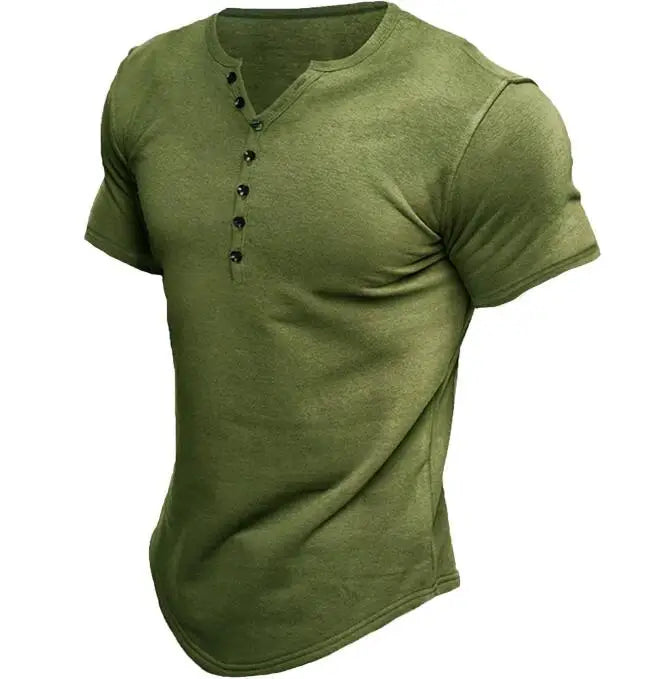 European and American Men's Henry Shirt Short Sleeved Summer Clothing Men's Solid Color Button up T-shirt Top
