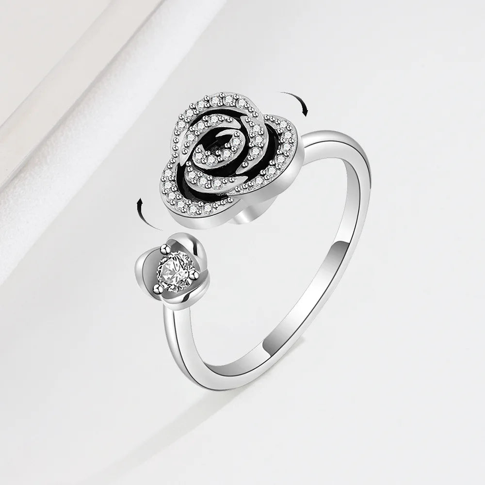 CZ Rose Rotating Fidget Worried Rings  925 Sterling Silver Rose Cubic Zircon Spinner Anxiety Rings Anillos Para La Ansiedad
