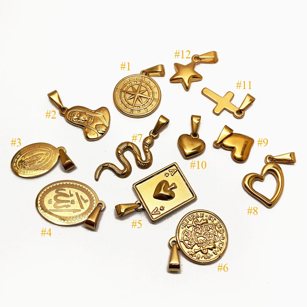 Boho Women Star Pendant Poker Charm Stainless Steel PVD Gold 18k Compass Pendant Religious Virgin Mary Charm Snake Pendants