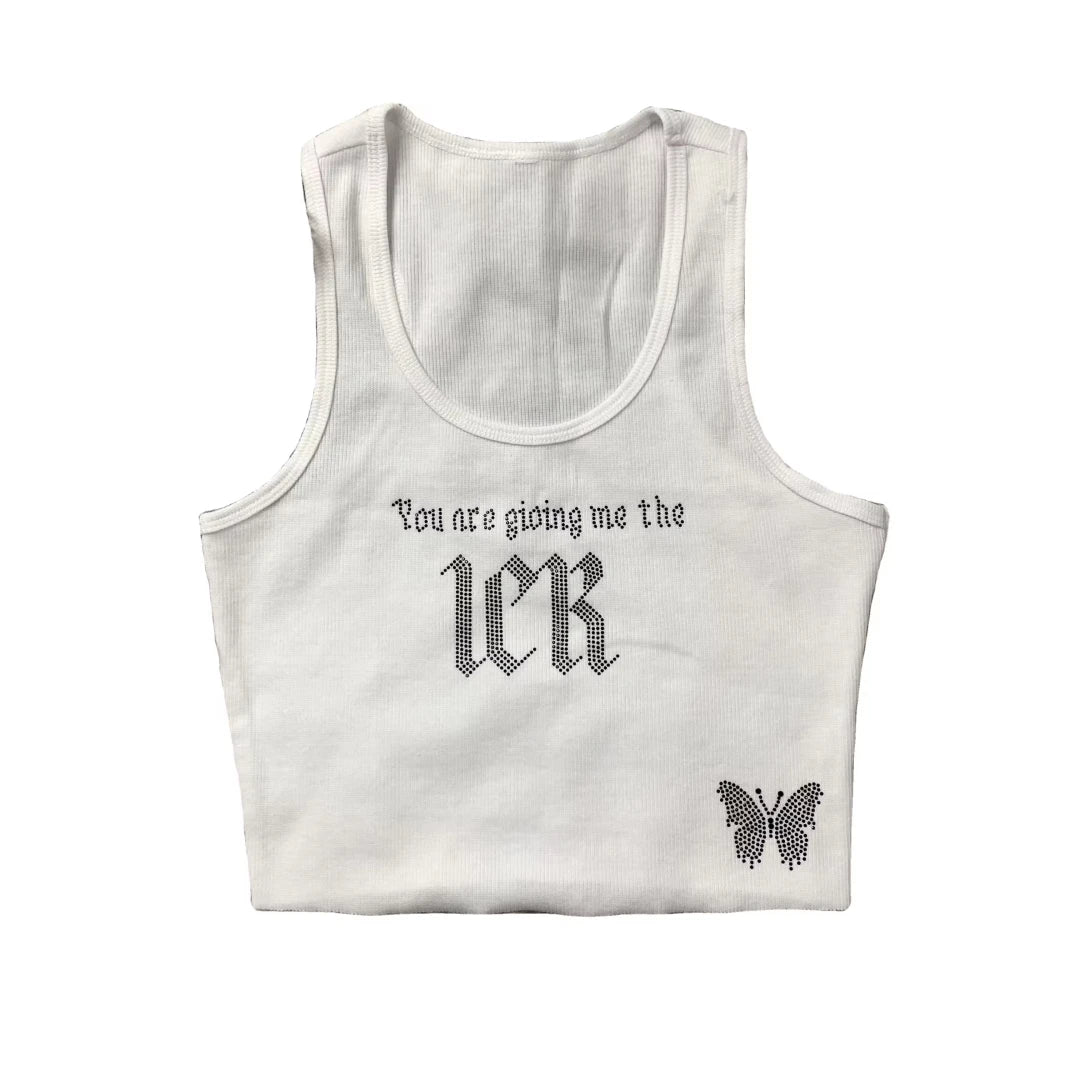 DENIMGUYS Y2K Summer Cotton Bodybuilding Gym Vest Top Ribbed Cotton Tank Top Sleeveless Rhinestone Cropped Tank Tops for Women