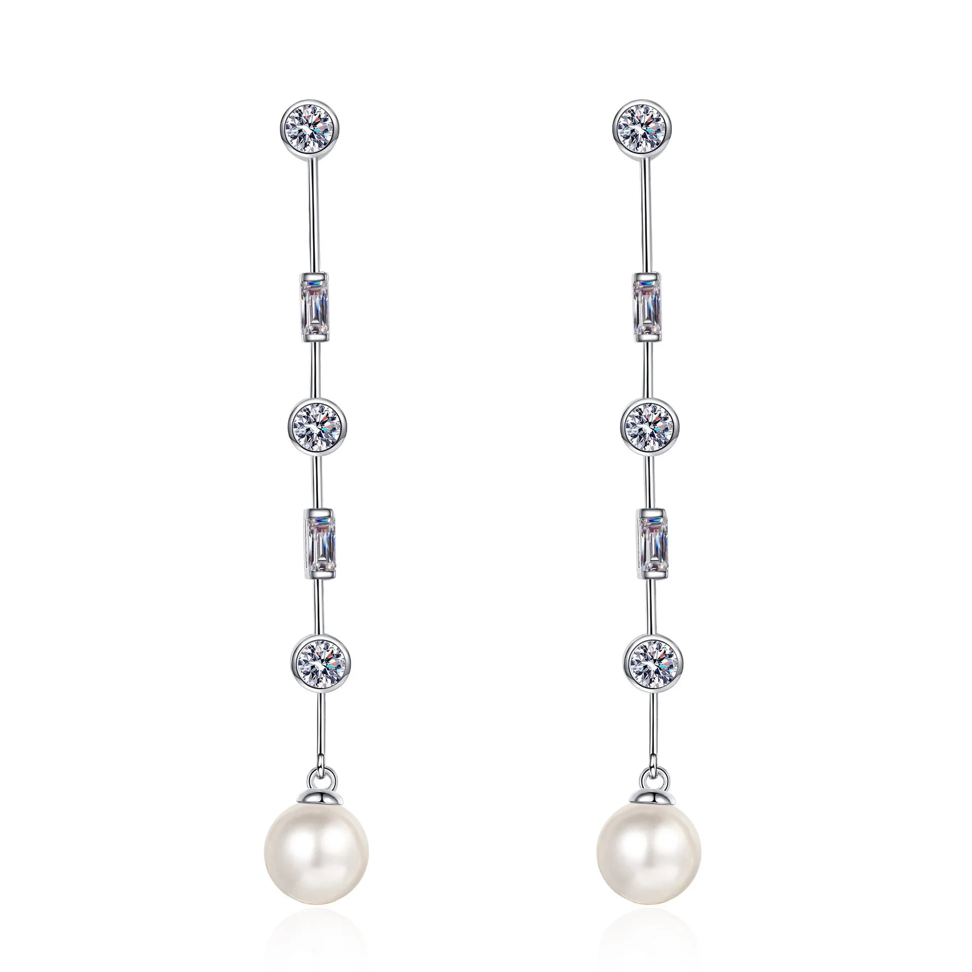 Fashion Jewelry 925 Sterling Silver Bezel Setting Geometric VVS GRA Moissanite 8MM Freshwater Pearl Tassel Stud Earrings