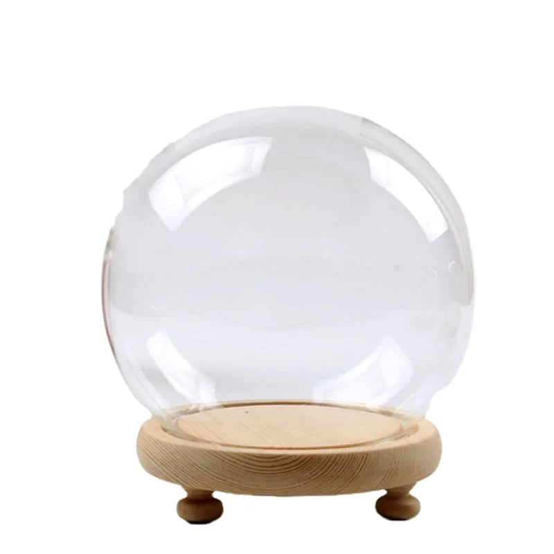 Round Glass Cloche Ball Jar Dome Tabletop Display with Wooden Base Diameter 4.7 Inches