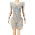 Shiny See Through Mesh Tassel Rhinestone Bodycon Birthday Party Mini Dress Ladies Cocktail Short Prom Dress Women Club Dress
