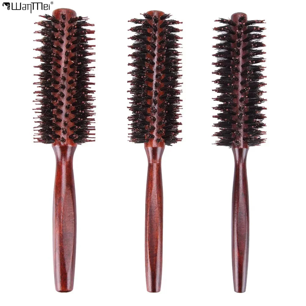 Wanmei Roll Round Comb Brush Hair Care Tool Wood Handle Natural Bristle Curly Fluffy Hairdressing Barbershop