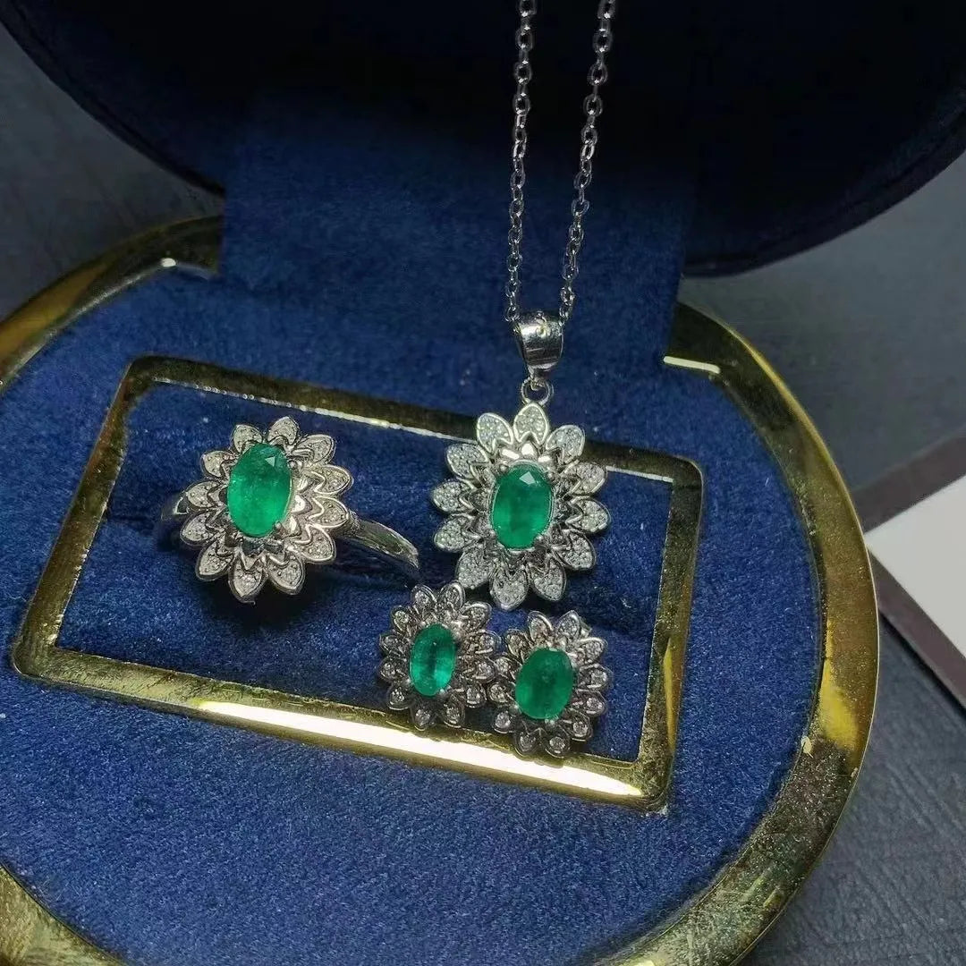 New Design Simple 925 Silver Flower Emerald Rings Earring Necklace Jewelry Set for Women and Girls