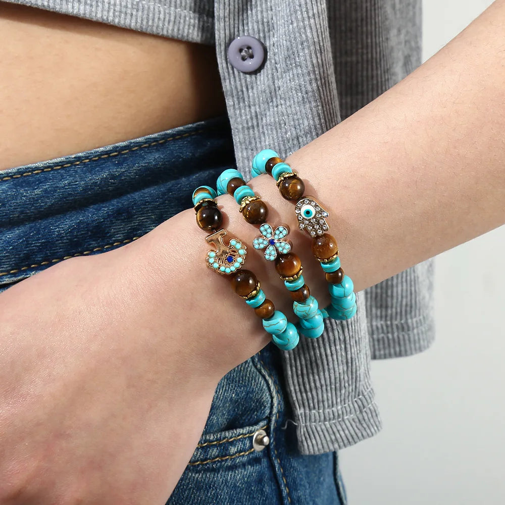 8mm Natural Turquoise Bracelet Set for Men Women Cross Tree Flower Charm Natural Stone Beaded Retro Tiger Eye Bracelet