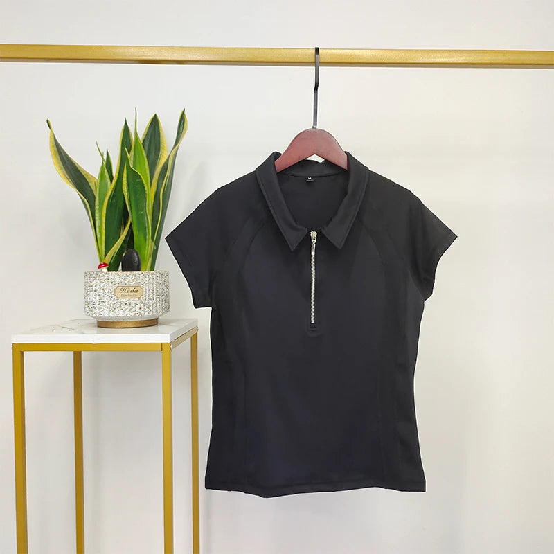 White Lapel Half Zipper Women Base Layers Equestrian Clothing Short Sleeves Shirt Horse Riding Show Shirt Tops