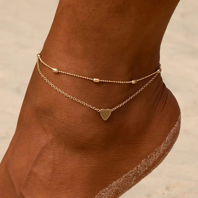 Retro Gold Silver Color Foot Chain Anklet Heart Shaped Leg Bracelet Anklets Beach Double Layers Heart Anklet for Women and Girl