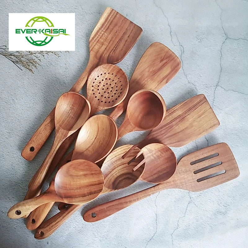 Wooden Kitchen Utensils Set Natural Teak Wood Spoon and Spatula for High Heat Stirring Baking Non Stick Pans.