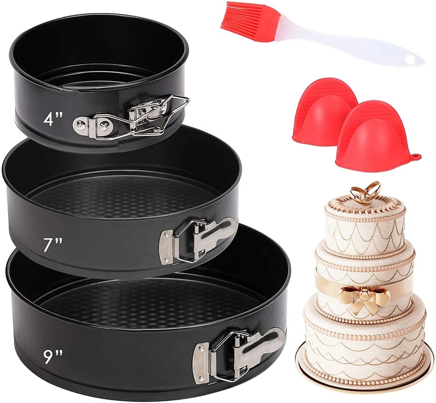 2025 Springform Pan 6Pcs Set Nonstick Cheesecake Leakproof Round Cake Pans 4/7/9in Mini Oven Mitts Hand Clip Basting Brush