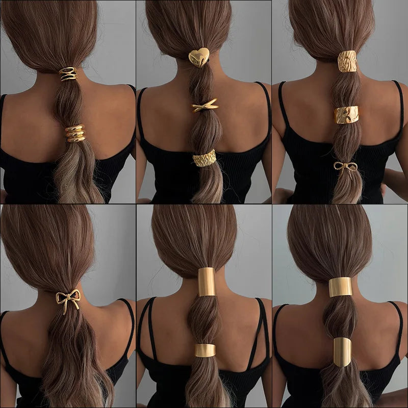 Exaggerated Geometric Smooth Alloy Hair Band Accessories Irregular Luxury Ponytail Combination Elastic Hair Tie for Women