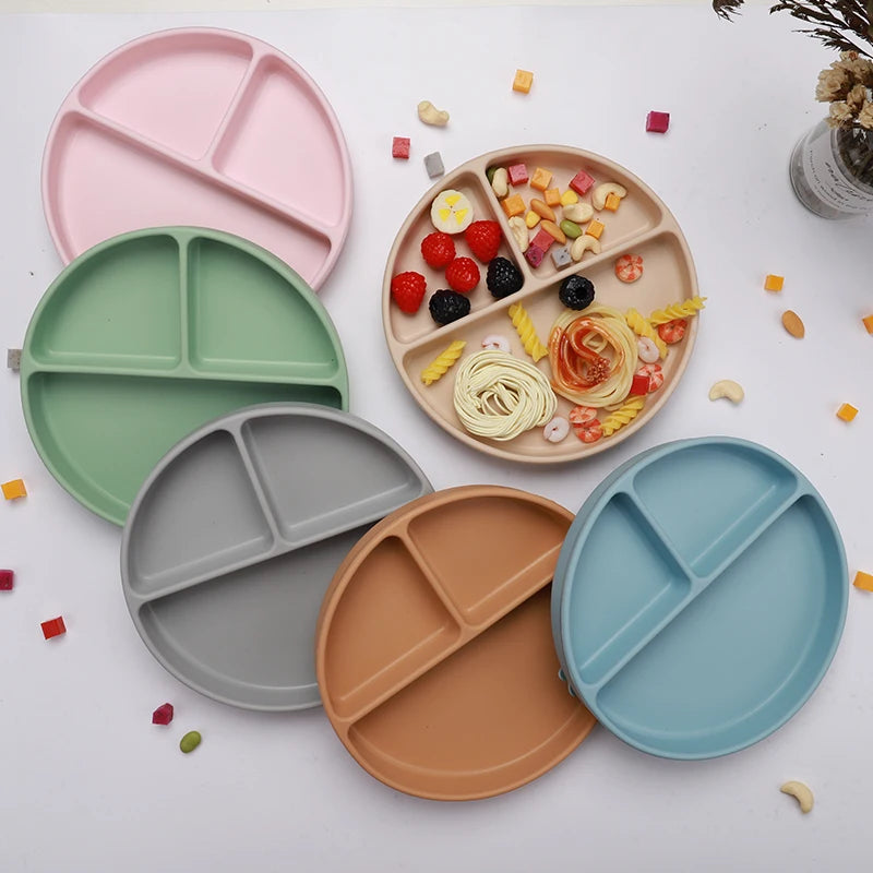 Custom Logo Baby Silicone Suction Divided Dish Feeding Set with Cartoon Pattern Eco-Friendly & Dishwasher Safe Toddler Plate Lid
