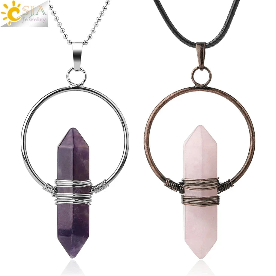 CSJA Handmade Hexagonal Column Wire Wrapped Energy Natural Stone Healing Crystal Point Pendant for Women G376