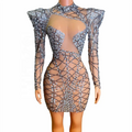 Sexy See Through Shoulder Pad Crystal Graduation Birthday Slim Fit Dress Big Size Women Dance Club Dress Mini Prom Evening Dress