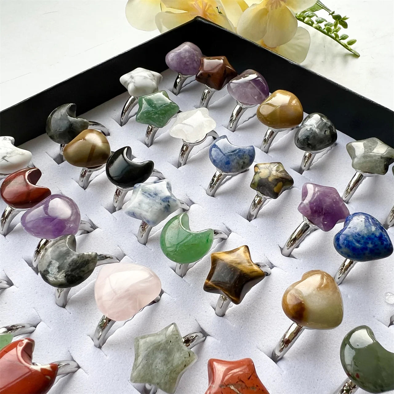 Natural Crystal Ring Healing Stone Star Moon Heart Shape Adjustable Amethyst Quartz Ring