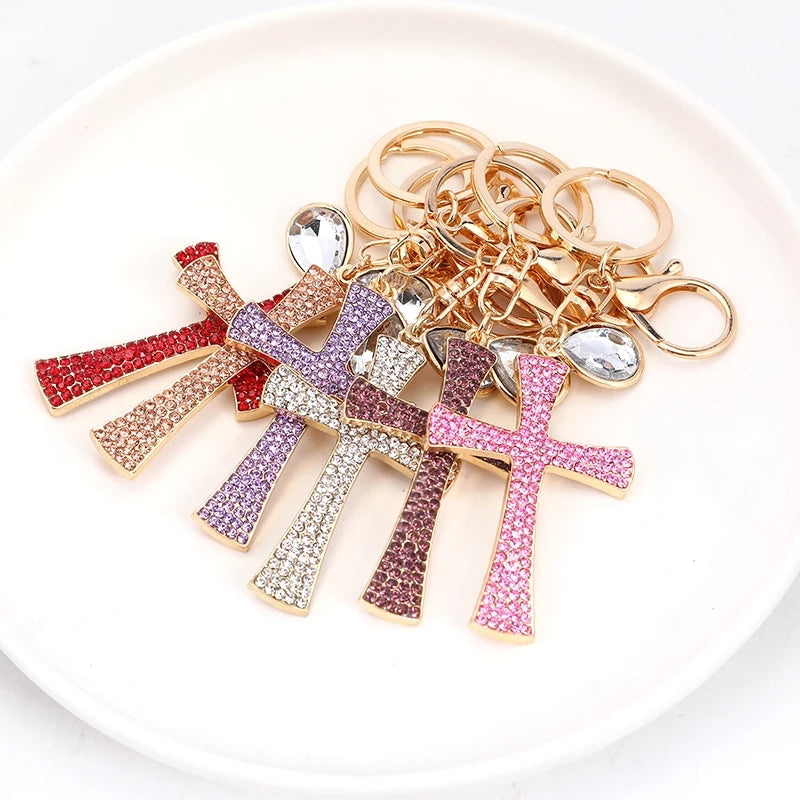 Factory Price Cross Keychain Metal Key Ring School Supplies Car Bag Phone Accessories Key Chain Diamond Keyring