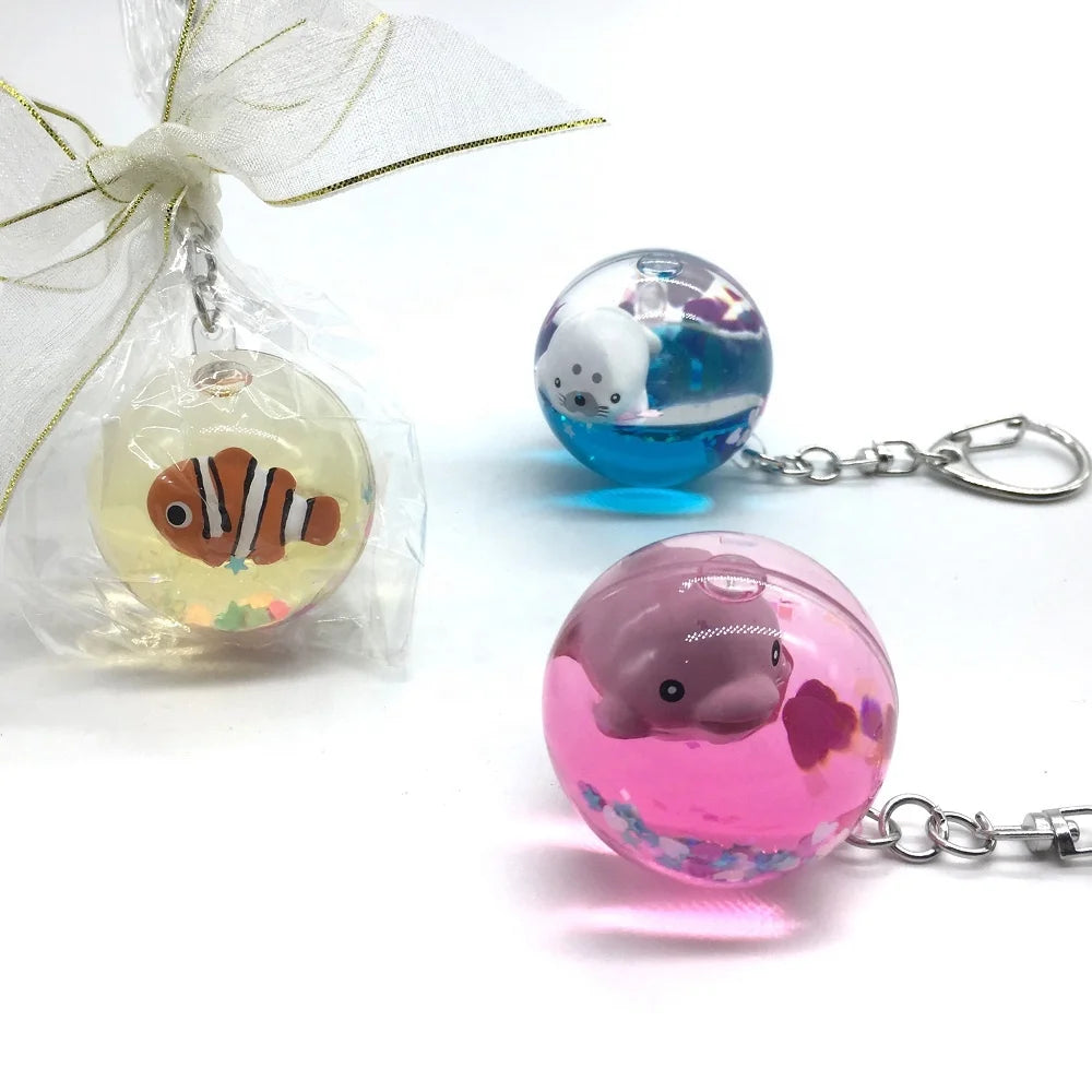 Ball Shape Liquid Keyring Cute Floaty Keychains Water Filled Keyring With Custom Swimming 3D Animals Floater