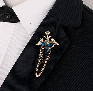 Vintage Fashion Cross Suit Chain Brooch Pin Rhinestone Crown Brooch for Men