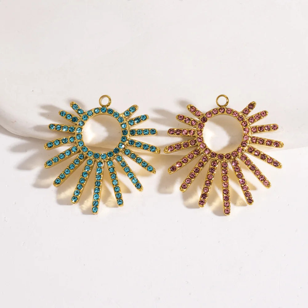 Bohemian Shiny Rhinestone Pave Sun Pendants Geometric Stainless Steel Gold Necklace Pendant Sun Charms DIY Jewelry Supplies
